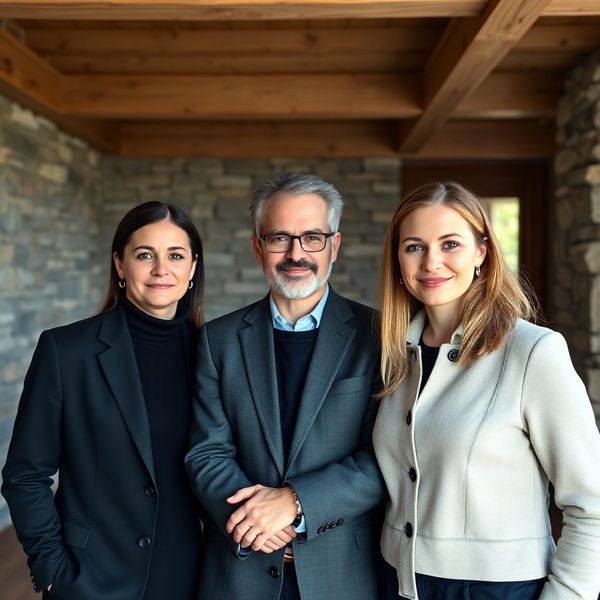 Portret majhne svetovalne ekipe v minimalističnem slovenskem interierju iz kamna in lesa